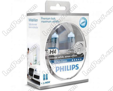 Pack of 2 Philips WhiteVision H4 bulbs + 2 W5W WhiteVision