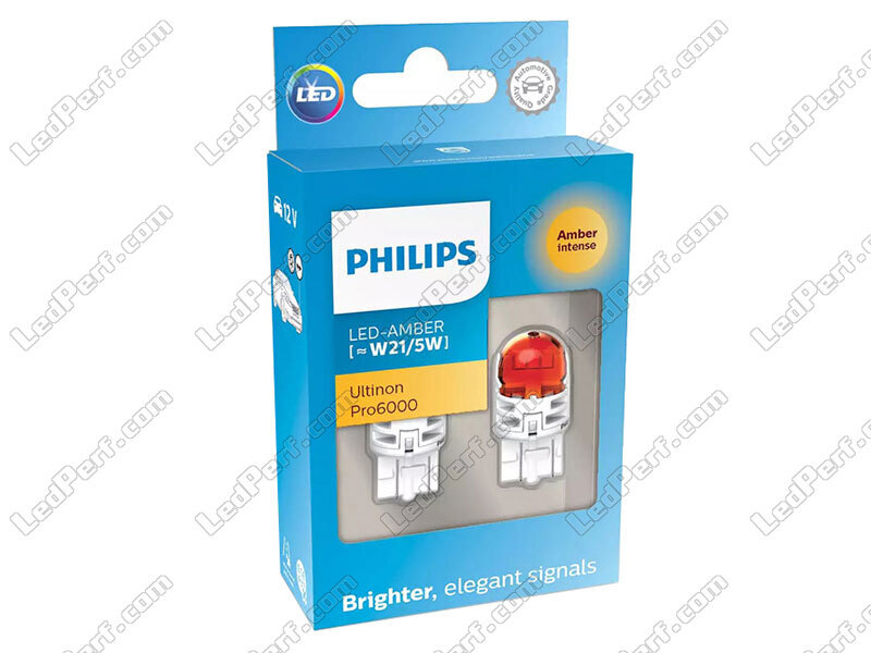 2x Philips WY21/5W Ultinon PRO6000 Amber LED Bulbs - T20